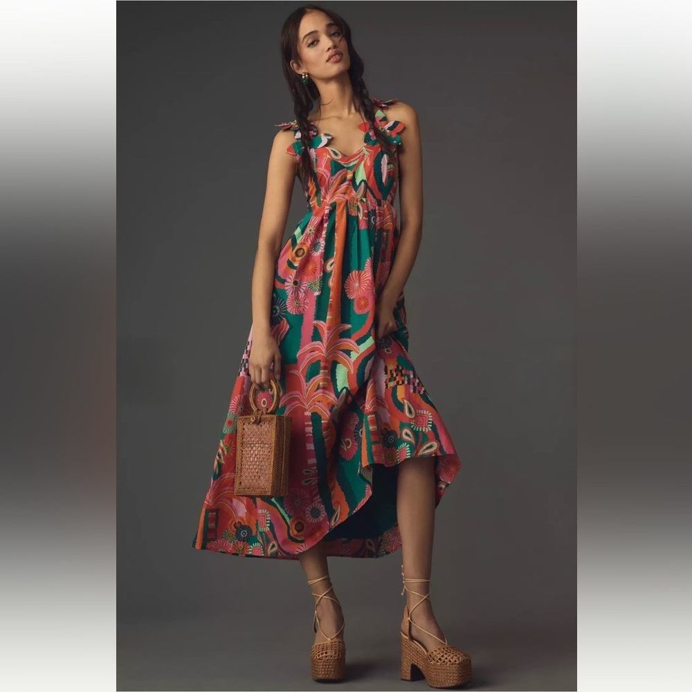 Farm Rio x Anthropologie Pleated Palm Midi Dress Size XXS